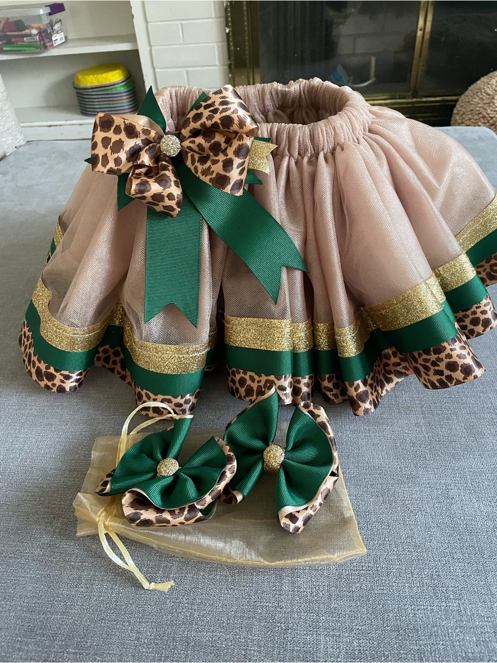 Girls Leopard Print & Green Tulle Tutu Skirt with Matching Bows
